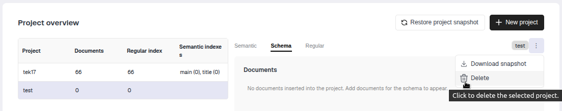 Delete project dropdown