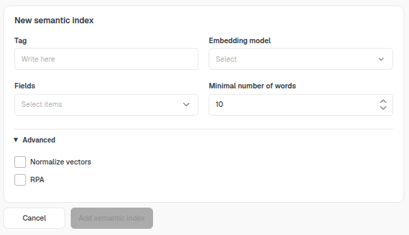 Semantic indexes tab