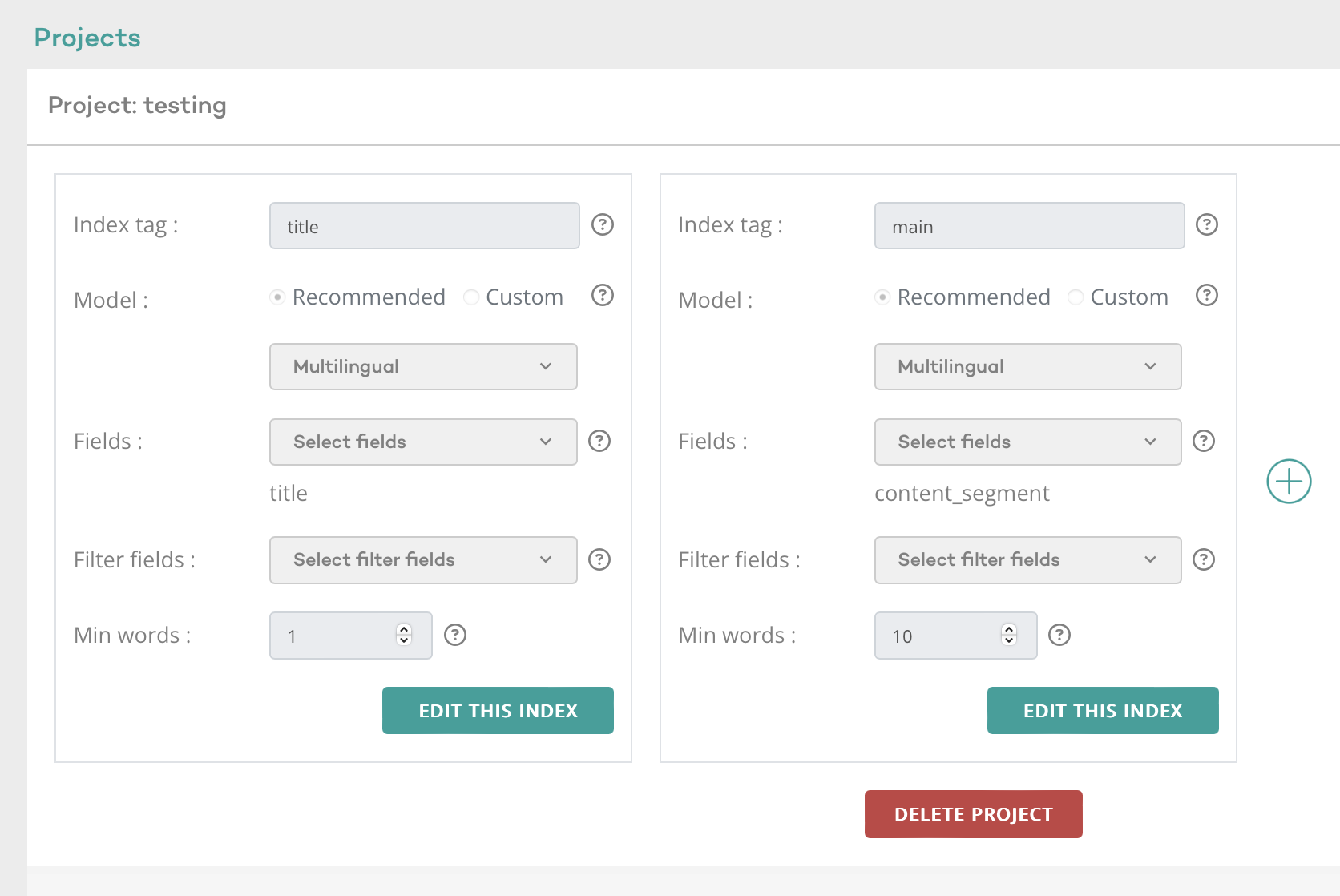 Project indexes widget]